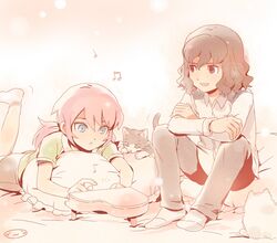  2boys blue_eyes brown_eyes brown_hair cat inazuma_eleven_(series) inazuma_eleven_go instrument kirino_ranmaru lying male mizuhara_aki multiple_boys musical_note on_stomach open_mouth piano pink_hair shindou_takuto sitting twintails 