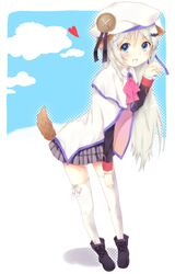 1girl animal_ears blue_eyes cape dog_ears hat little_busters! long_hair noumi_kudryavka plaid plaid_skirt sakuramocchi school_uniform silver_hair skirt tail thighhighs