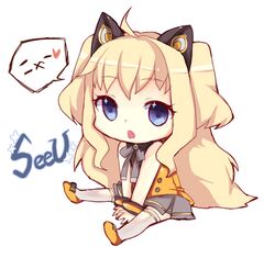 ahoge animal_ears bangs blonde_hair blue_eyes bow chibi fang heart himaya long_hair seeu simple_background skirt solo star thighhighs vocaloid white_legwear 