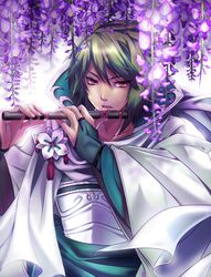  flower flute instrument japanese_clothes kishichi matsudaira_tadateru red_eyes sengoku_taisen short_hair solo wisteria 