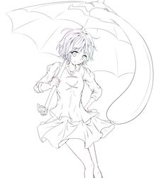  1girl absurdres hachu hand_on_hip highres karakasa_obake lineart long_sleeves monochrome short_hair simple_background skirt sleeves_rolled_up smile solo tatara_kogasa tongue touhou umbrella 