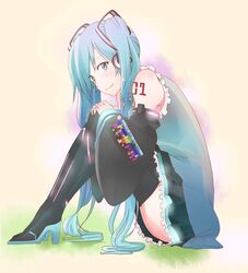 1girl aqua_eyes aqua_hair boots detached_sleeves eva723k hatsune_miku headphones high_heels highres leg_hug long_hair looking_at_viewer shoes sitting skirt smile solo thigh_boots thighhighs twintails very_long_hair vocaloid