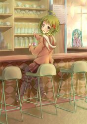  2girls aqua_eyes aqua_hair boots cup drinking glass green_hair gumi hatsune_miku high_heels knee_boots long_hair looking_back multiple_girls pachi_(sugiyama0306) pantyhose shoes short_hair sitting stool teacup twintails v vocaloid 