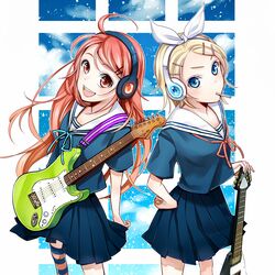  ahoge aqua_eyes bad_hands bad_id blonde_hair guitar hair_ornament hair_ribbon hairclip headphones instrument kagamine_rin long_hair miki miki_(vocaloid) mouth_hold multiple_girls open_mouth red_eyes red_hair redhead ribbon school_uniform serafuku sf-a2_miki short_hair single_thighhigh skirt smile striped striped_legwear striped_thighhighs thigh-highs thighhighs vocaloid yunco 