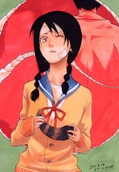  back bandage bandages black_hair bone braid cardigan dated highres itoshiki_mikoto kobushi_abiru red_eyes richa_doa sayonara_zetsubou_sensei school_uniform serafuku signature tail twin_braids wink 