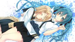  2girls aqua_eyes aqua_hair blonde_hair blush closed_eyes hair_ornament hair_ribbon hairclip hatsune_miku highres hug kagamine_rin long_hair multiple_girls necktie o_daizen ribbon short_hair skirt smile twintails very_long_hair vocaloid 