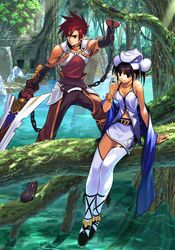  1girl anklet arm_support atelier_(series) atelier_iris atelier_iris_grand_phantasm bangs bare_shoulders belt black_eyes black_gloves black_hair blue_eyes blunt_bangs blush boots bracelet breasts chain chains cleavage edge_vanhite elbow_gloves fantasy fighting_stance flower forest futaba_jun gloves gust hair_between_eyes hat huge_weapon in_tree iris_fortner jewelry knee_boots leaf looking_away midriff miniskirt nature navel necklace official_art ouse_kohime outdoors pants parted_bangs payot pendant red_eyes red_hair redhead ruins scan shawl shoe_ribbon shoes short_hair short_twintails sitting sitting_in_tree skirt smile spiked_hair spread_legs standing strap sunbeam sunlight sword thigh-highs thighhighs tree turtleneck twintails vines water weapon white_legwear zettai_ryouiki 