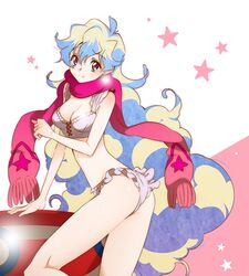  1girl blue_hair earrings jewelry lingerie long_hair multicolored_hair nia_teppelin scarf smile solo tengen_toppa_gurren_lagann two-tone_hair underwear very_long_hair yukimitsuki 