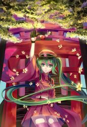 1girl arm_up gloves green_eyes green_hair hatsune_miku highres kreisee long_hair senbon-zakura_(vocaloid) skirt solo stairs thighhighs torii twintails very_long_hair vocaloid