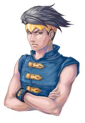  1boy black_eyes black_hair crossed_arms earrings hatakeyama_0222 headband jewelry jojo_no_kimyou_na_bouken kishibe_rohan simple_background solo white_background 
