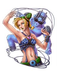  2girls bare_shoulders black_hair blonde_hair blue_eyes braid double_bun hatakeyama_0222 jojo_no_kimyou_na_bouken kuujou_jolyne lipstick makeup midriff multicolored_hair multiple_girls stand_(jojo) stone_free string sunglasses two-tone_hair 