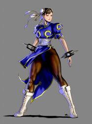  boots bracelet brown_hair brown_legwear bun_cover capcom china_dress chinese_clothes chun-li double_bun eyeshadow jewelry legs makeup muscle pantyhose simple_background solo spiked_bracelet spikes street_fighter thick_thighs thighs wakino_keibun wakino_yoshifumi 