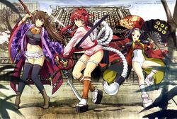  absurdres black_hair black_legwear breasts brown_hair fan footwear highres hyakka_ryouran_samurai_girls legs long_hair midriff multiple_girls purple_eyes red_eyes red_hair redhead rin-sin samurai sanada_yukimura_(hyakka_ryouran) school_swimsuit socks swimsuit sword thigh-highs thighhighs tokugawa_sen very_long_hair violet_eyes weapon white_school_swimsuit yagyuu_juubei_(hyakka_ryouran) 