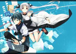  1boy 1girl blue_eyes blue_hair duo earrings female jewelry male original personification red_eyes smile twintails white_hair 