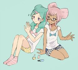  2girls barufoa beta_(inazuma_eleven) blush dark_skin glasses green_hair inazuma_eleven_(series) inazuma_eleven_go inazuma_eleven_go_chrono_stone long_hair multiple_girls musical_note nail_polish open_mouth orca_(inazuma_eleven) pink_hair simple_background sitting smile socks violet_eyes 