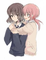  2boys barufoa blue_eyes blush brown_eyes brown_hair hug inazuma_eleven_(series) inazuma_eleven_go kirino_ranmaru male multiple_boys open_mouth pink_hair rough shindou_takuto smile sweater twintails white_background 
