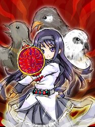  belt bird black_hair crossover cuckoo hairband henshin kamen_rider kamen_rider_ooo kamen_rider_ooo_(series) lesser_cuckoo long_hair mahou_shoujo_madoka_magica niwa_mizuki ptarmigan pun purple_eyes rider_belt rock_ptarmigan rough shield skirt starling taja_spinner tajador_(ooo_combo) violet_eyes white-cheeked_starling 