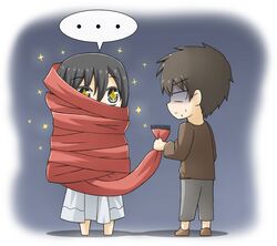  1boy 1girl black_hair blue_eyes brown_hair eren_jaeger greenteaneko mikasa_ackerman scarf shingeki_no_kyojin short_hair tagme 