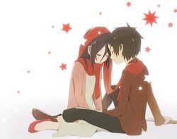  1boy 1girl ascot black_hair brown_hair eren_jaeger jacket mikasa_ackerman nekotama_(artist) scarf shingeki_no_kyojin short_hair simple_background star weapon white_background 