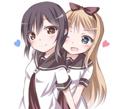  2girls black_hair blonde_hair blue_eyes blush bow brown_eyes funami_yui hair_bow heart kou89 multiple_girls open_mouth school_uniform short_hair smile toshinou_kyouko wink yuru_yuri 