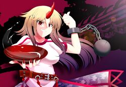  ball_and_chain ball_and_chain_restraint blonde_hair cuffs highres horn hoshiguma_yuugi long_hair p_hakotsuki red_eyes sakazuki sake skirt smile thumbs_up touhou 