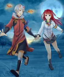  aruka blush bow hair_bow high_heels highres holding_hands horns kagerou_(summon_night) long_hair moon open_mouth red_eyes redhead running sakurage sandals shin_guards shoes short_hair silver_hair skirt summon_night summon_night_5 twintails violet_eyes 