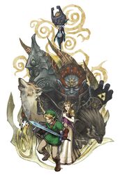  blonde_hair blue_eyes brown_hair earrings facial_hair fingerless_gloves ganondorf gloves hat helmet highres imp jewelry link long_hair midna orange_hair pointy_ears princess_zelda red_eyes red_hair redhead shield sword the_legend_of_zelda tiara triforce twilight_princess weapon wolf xi yellow_eyes zant 