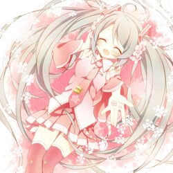 1girl ahoge alternate_color anju_(meipurusanchi) closed_eyes detached_sleeves green_hair hatsune_miku headset long_hair necktie open_mouth petals skirt solo thighhighs twintails very_long_hair vocaloid