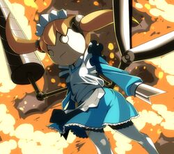  android apron blonde_hair cyborg dress drill dutch_angle frills lil_miss_marshmallow maid_headdress mother_(game) mother_3 scissors short_twintails smoke solo thigh-highs thighhighs twintails weapon white_legwear 