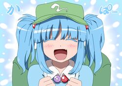  1girl ^_^ backpack bag blue_hair blush bust closed_eyes fang kawashiro_nitori open_mouth shirosato smile solo touhou twintails 