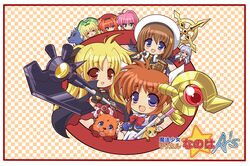  absurdres ahoge animal arf bardiche belt blonde_hair blue_eyes blush book bow brown_hair checkered checkered_background chibi closed_eyes cross dog earrings eyes_closed fangs fate_testarossa fingerless_gloves forehead_jewel gem gloves green_eyes hair_bow hat highlights highres jewelry kano-0724 lyrical_nanoha mahou_shoujo_lyrical_nanoha mahou_shoujo_lyrical_nanoha_a's mahou_shoujo_lyrical_nanoha_a's open_mouth orange_hair pink_hair raising_heart red_eyes reinforce_zwei schwertkreuz shamal signum staff takamachi_nanoha tome_of_the_night_sky vita wand yagami_hayate yuuno_scrya 