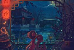  1girl aak365 bridge building chinese_clothes east_asian_architecture lantern moon night original petting plant pool reflection scenery snake tree 