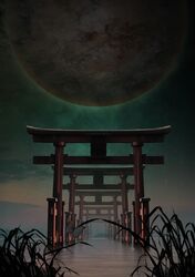  butterfly full_moon grass haru_(snowdrop) moon mountain night night_sky original scenery sky torii water 