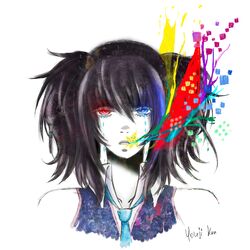  1girl artist_name black_hair blue_eyes bust heterochromia necktie open_mouth parted_lips red_eyes signature solo tears twintails utau yokune_ruko youji-kun 