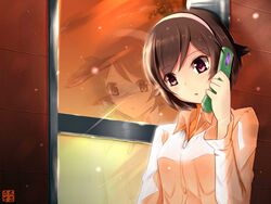  brown_eyes brown_hair cellphone hairband kami_nomi_zo_shiru_sekai phone reflection shirt short_hair solo takahara_ayumi window 
