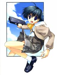  1girl amazuyu_tatsuki bag blue_eyes blue_hair character_request copyright_request female highres school_uniform short_hair skirt solo 