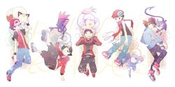  alternate_costume backwards_hat baseball_cap black_hair brown_hair glameow gold_(pokemon) gold_(pokemon)_(remake) grin hat hibiki_(pokemon) holding holding_poke_ball jumping kouki_(pokemon) meowth multiple_boys poke_ball pokemon pokemon_(game) pokemon_black_and_white pokemon_bw pokemon_diamond_and_pearl pokemon_dppt pokemon_firered_and_leafgreen pokemon_frlg pokemon_gsc pokemon_heartgold_and_soulsilver pokemon_hgss pokemon_rgby pokemon_rse pokemon_ruby_and_sapphire purrloin red_(pokemon) red_(pokemon)_(remake) scarf skitty smile sneasel t0mare tomare_(akashingou) touya_(pokemon) wink yuuki_(pokemon) yuuki_(pokemon)_(classic) 