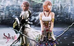  2girls armor blue_eyes bow_and_arrow city final_fantasy final_fantasy_xiii final_fantasy_xiii-2 lightning_farron pink_hair realistic serah_farron short_hair siblings sisters sword wallpaper watermark weapon 