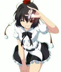  black_hair bow brown_eyes camera dr._cryptoso dress_shirt hat highres lens_flare shameimaru_aya shirt short_hair skirt smile solo tokin_hat touhou wink 