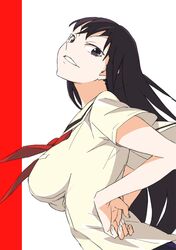  black_hair breasts grin hands_on_hips jinchoge_sakura katou_haruaki large_breasts long_hair occultologic smile solo 