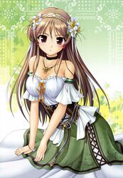  absurdres aiyoku_no_eustia bare_shoulders bekkankou belt bracelet breasts brown_eyes brown_hair choker cleavage dress eris_floraria flower hair_flower hair_ornament hairband headband highres jewelry long_hair necklace purple_eyes 