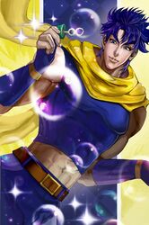  1boy absurdres blue_eyes blue_hair bubble bubble_blowing facial_mark fingerless_gloves gloves highres jojo_no_kimyou_na_bouken joseph_joestar_(young) midriff mingou91 scarf solo sparkle yellow_scarf 