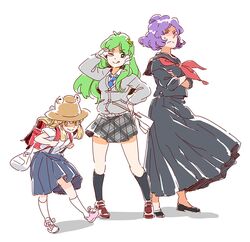  :p backpack bag blonde_hair blush crossed_arms gohei green_hair hand_on_hip kochiya_sanae long_hair moriya_suwako multiple_girls necktie purple_hair randoseru red_eyes school_uniform serafuku shide short_hair skirt smile sweater tongue touhou v wink yasaka_kanako 