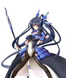  black_hair black_legwear bow breasts fingerless_gloves gloves highres honda_futayo honda_nidai kyoukai_senjou_no_horizon long_hair pantyhose polearm ponytail purple_eyes simple_background solo spear takanashi-a vambraces very_long_hair violet_eyes weapon white_background 