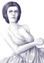  ahoge bare_shoulders breasts cleavage collarbone dress face idolmaster lips miura_azusa monochrome short_hair simple_background solo yorimitsu 