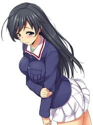  black_hair blue_eyes blush breast_hold girls_und_panzer holding_arm isuzu_hana jacket kuimono long_hair long_sleeves looking_at_viewer military military_uniform miniskirt pleated_skirt skirt standing uniform 