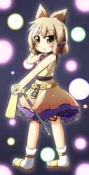  blush_stickers brown_eyes earmuffs headphones highres ritual_baton sandals senba_chidori sheath smile solo sword touhou toyosatomimi_no_miko weapon yellow_eyes 