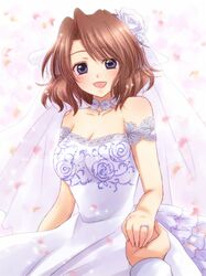  brown_hair dress hair_ornament hand_holding holding_hands jewelry maekawa_suu ring shannon umineko_no_naku_koro_ni wedding_dress 