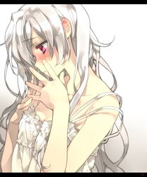  1girl blush letterboxed long_hair looking_away original parted_lips pink_eyes simple_background solo toujou_sakana white_hair 