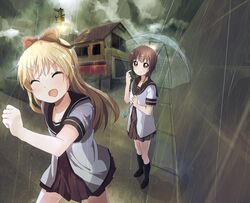  >:d 2girls :d black_legwear blonde_hair bow brown_eyes brown_hair closed_eyes funami_yui hair_bow house kneehighs long_hair multiple_girls open_mouth power_lines rain school_uniform serafuku shoes short_hair smile tata_(tataice) toshinou_kyouko umbrella wet yuru_yuri 